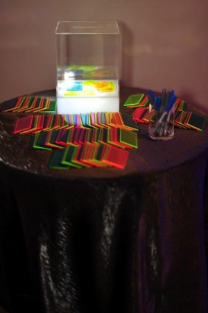A clear box that held sign-in tickets for the Bat Mitzvah girl.